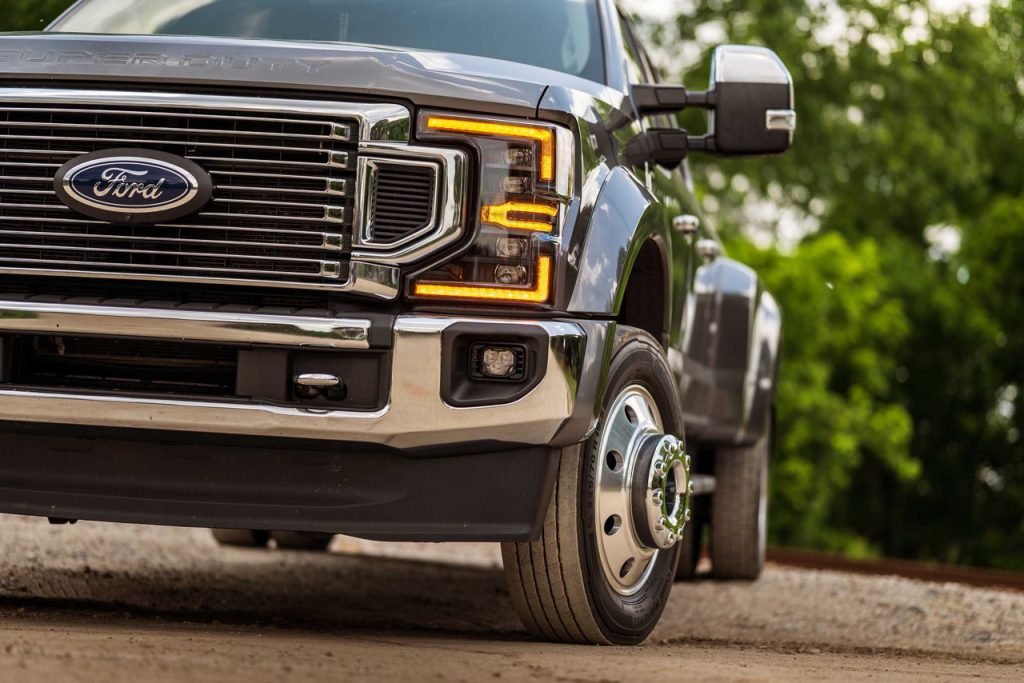 Morimoto XB LED headlights with amber DRL installed on a Ford Super Duty truck
